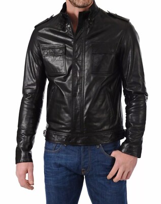 Men's 100% Real Leather Biker Jacket Genuine Lambskin Black Motorcycle Jacket