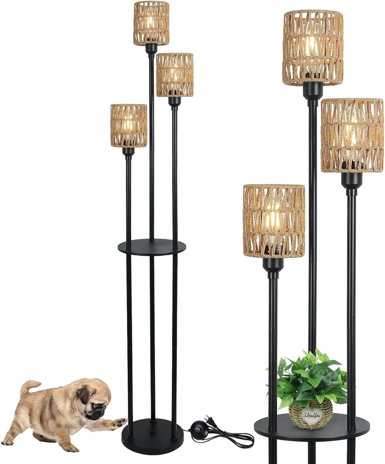 Boho Floor Lamp with Shelves, 3-Lights Farmhouse Tall Floor Lamp with ON/OFF Foo