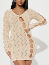 Fashion Nova Phoenix Sweater Mini Dress XL Tan Metal Decorative Buttons Cut Outs