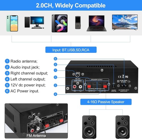 Versatile HiFi Stereo Mini Amplifier - Remote, Mic Jack & 6 EQ Modes - Picture 8 of 10