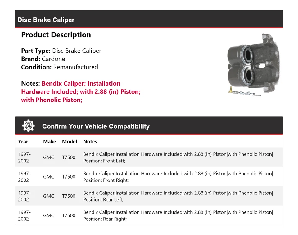 Pinza de freno de disco Cardone para GMC T7500 1997-2002 1998 1999 2000 2001 Foto 2 de 4