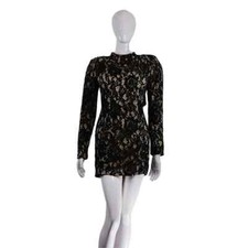 Elegant Black Gold Lace Mini Dress, Long Sleeve Bodycon