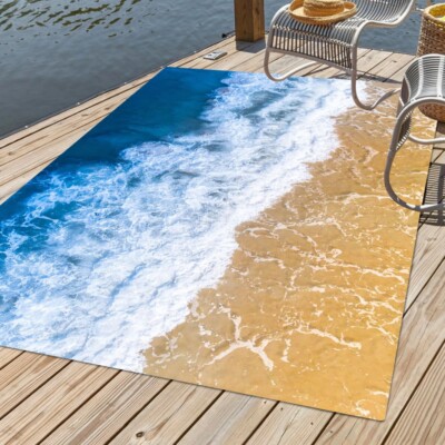 Ocean Beach Theme Indoor Outdoor Area Rug Navy Blue Waves Rug for Patio Carpet