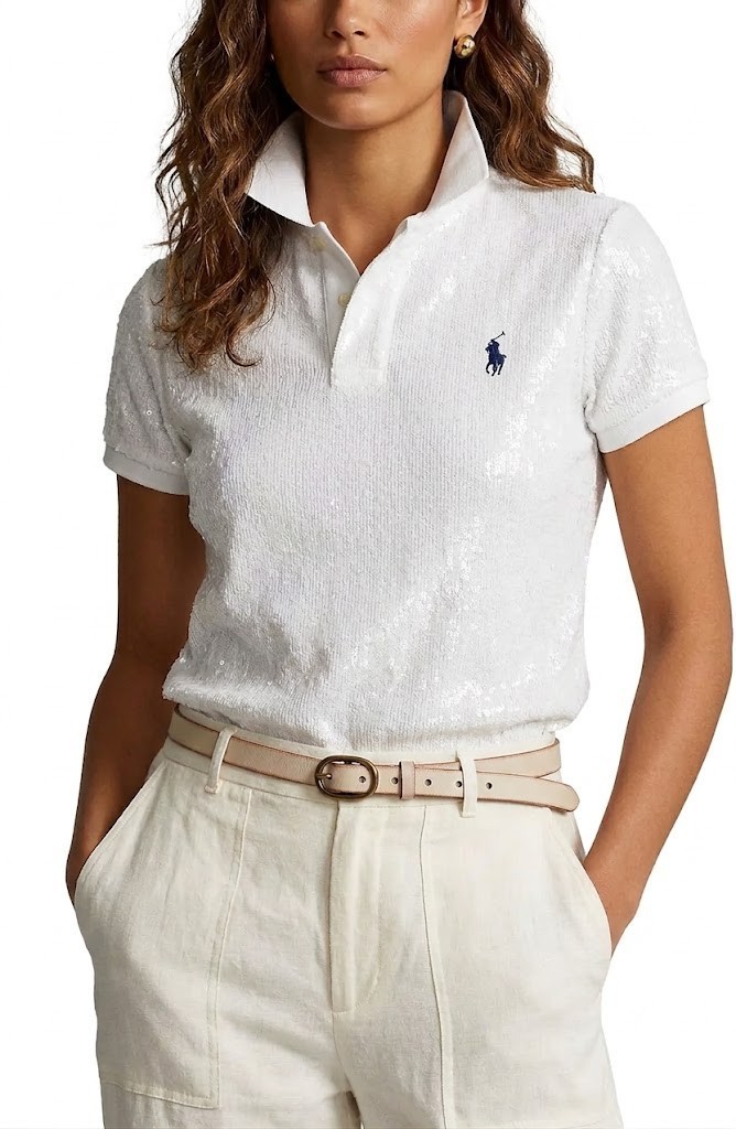 NWT Polo Ralph Lauren Sequin Polo Shirt in White Collared Tee T