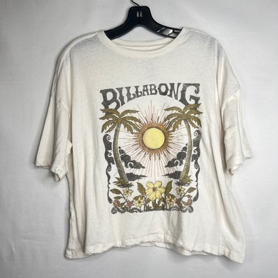 Billabong Cream Graphic Tee Women S Palm Tree Sun Surf Beach Boho Retro Cropped