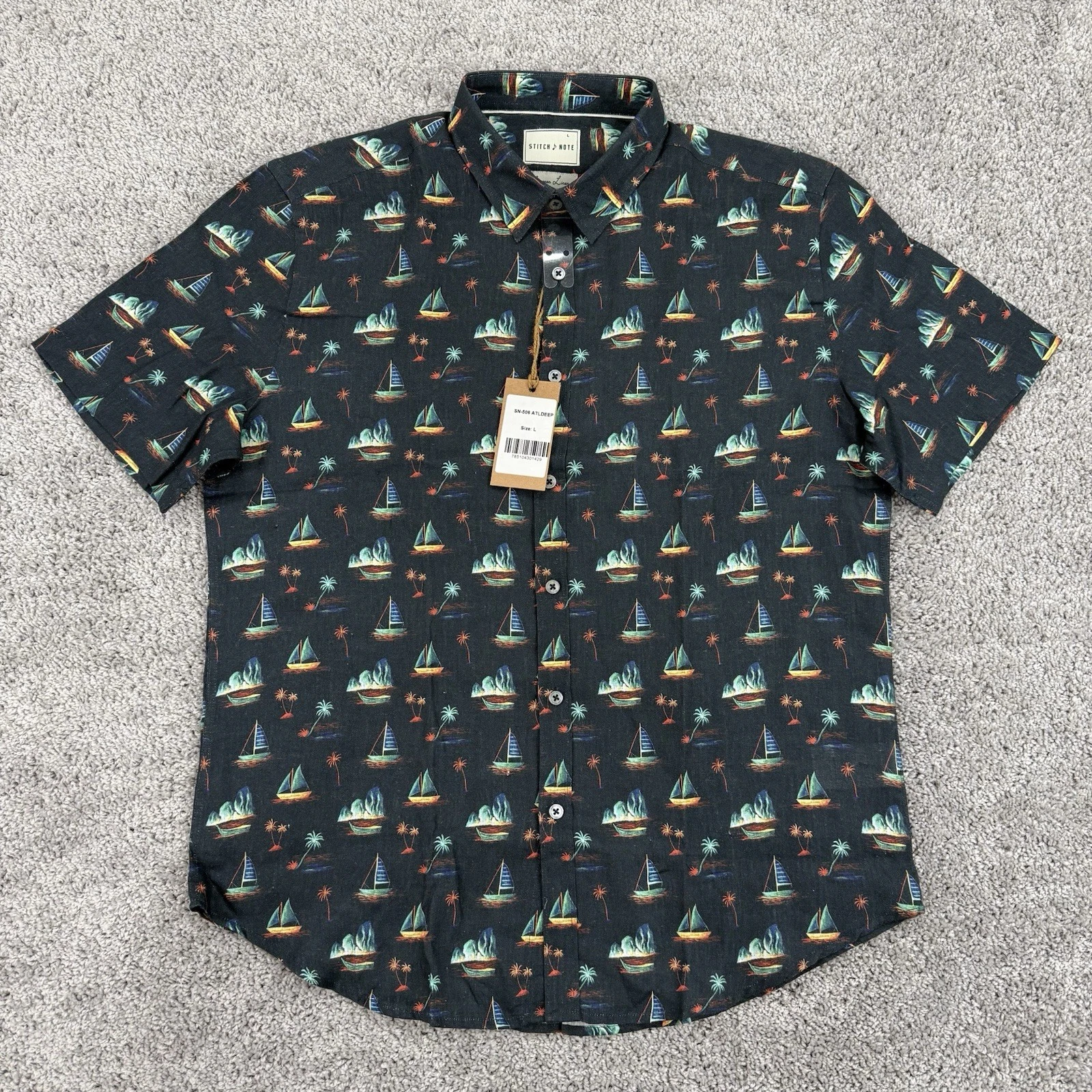Stitch Note Linen Shirt Men’s L Nautical AOP NWT European Short Sleeve Button Up