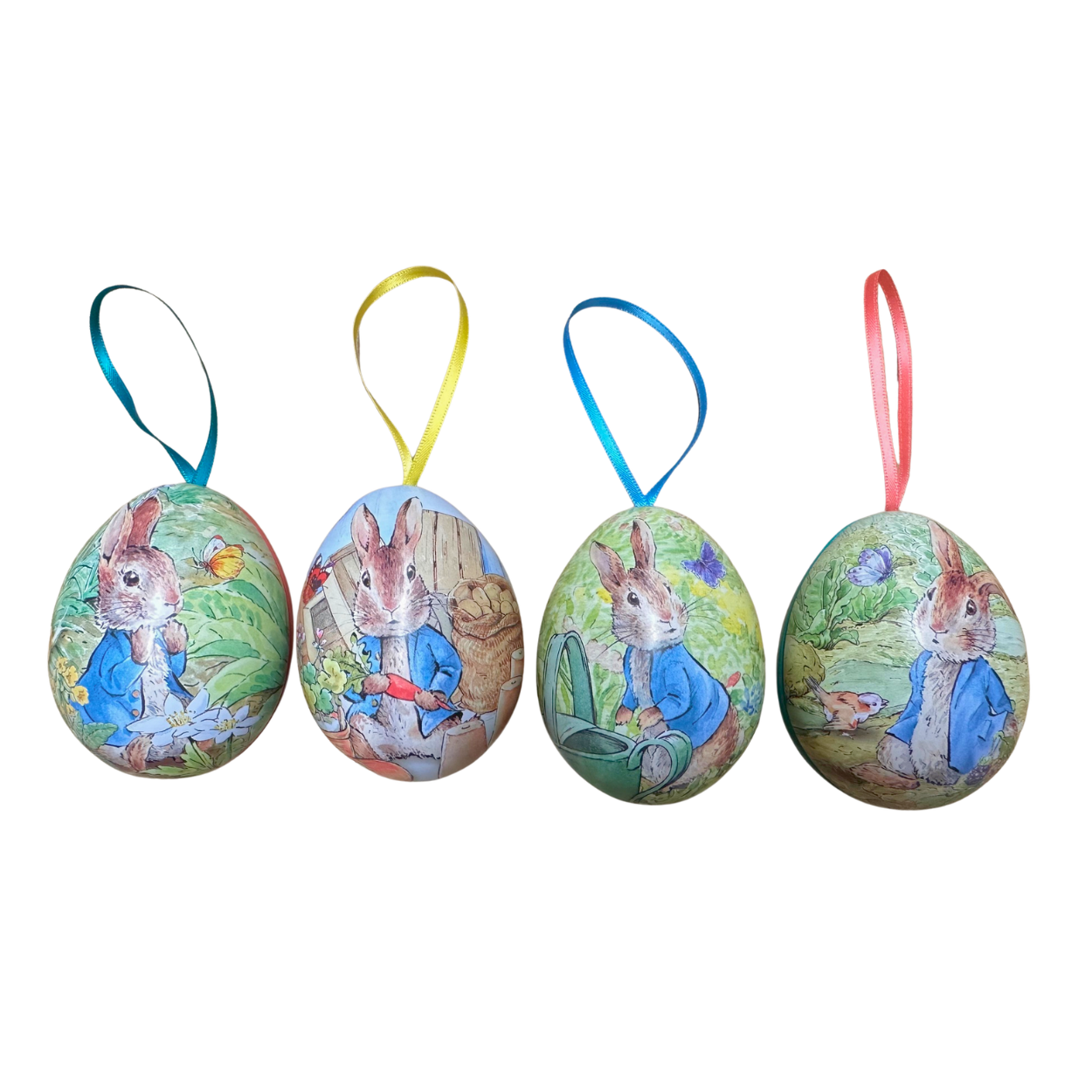 Peter Rabbit Set of 4 Hanging Easter Egg Storage Tins Twig Tree Ornaments Gift