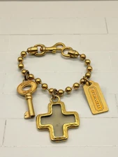 Coach Vintage Chunky Ball Chain  Gold Cross Key Hangtag Multi Charm Bracelet Y2K