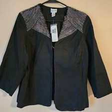 Chicos Chained Galloway Black Jacket Size 2 US 12 Linen Blend 3/4 Sleeve NWT