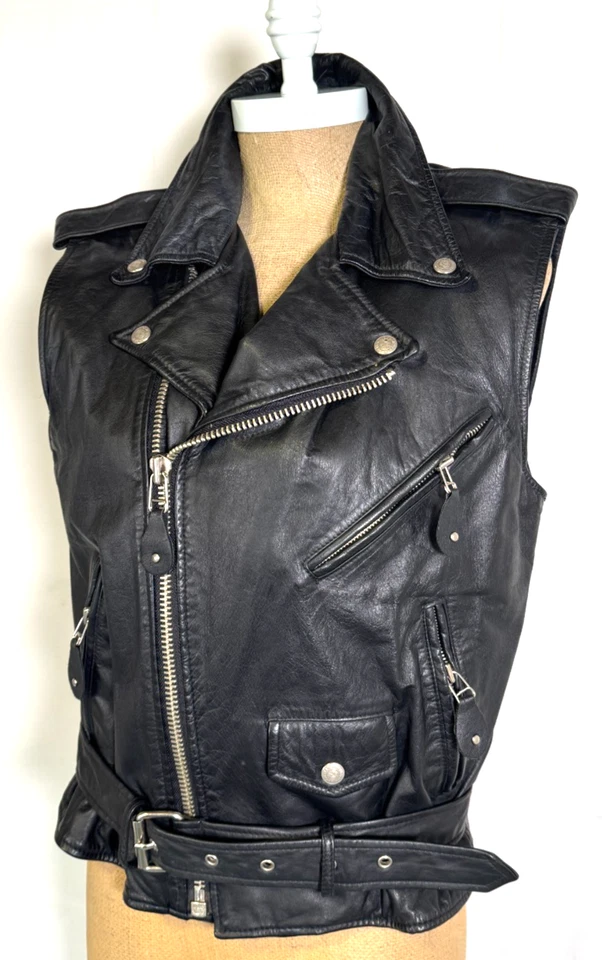 Vintage Y2K 90s DKNY Black Leather Studs Zips Biker Jacket Motorcycle Vest Sz S - Image 4 of 4
