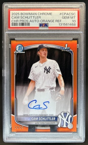 2025 Bowman Chrome Cam Schlittler Auto Orange Refractor 1st #/25 Yankees PSA 10