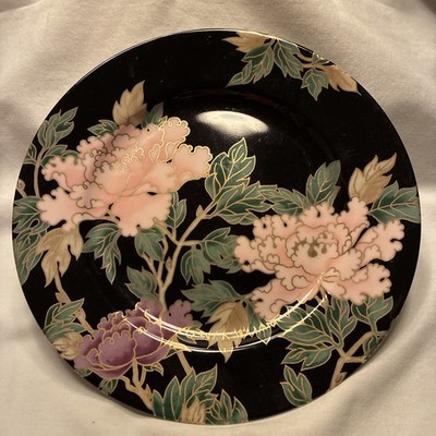 1979 Fitz and Floyd  ''Cloisonné Peony'' 7 1/2'' Salad Plate Black Pink