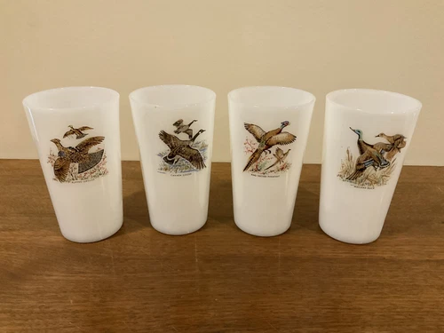 Vintage Fire King Game Birds Tall Milk Glass Cups