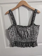 Loft Ann Taylor Womens Top Black White Crop Tank Sleeveless Cinched Waist Large