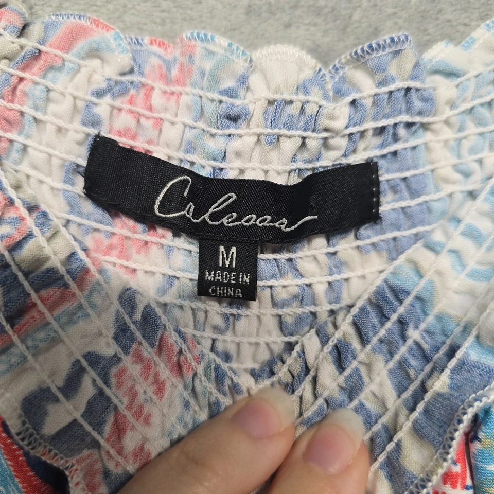 Calessa Top Womens Sz Medium Blue Orange White Multi Off Shoulder Fringe - Image 3 of 4