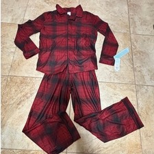 Cat  Jack Kids XL 14 Red Black Plaid Pajama Set 2 Piece Button Down Sleepwear