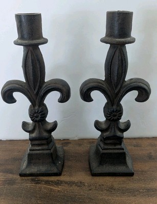 Pair Cast Iron Fleur De Lis Candle Holders Rustic Gothic Primitive 8''