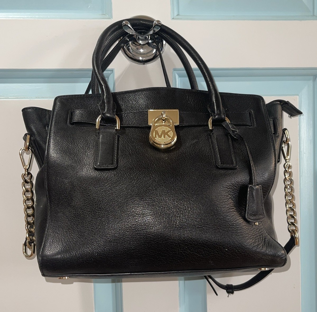 Michael Kors Hamilton Medium Black Leather Satchel Tote Bag Gold 