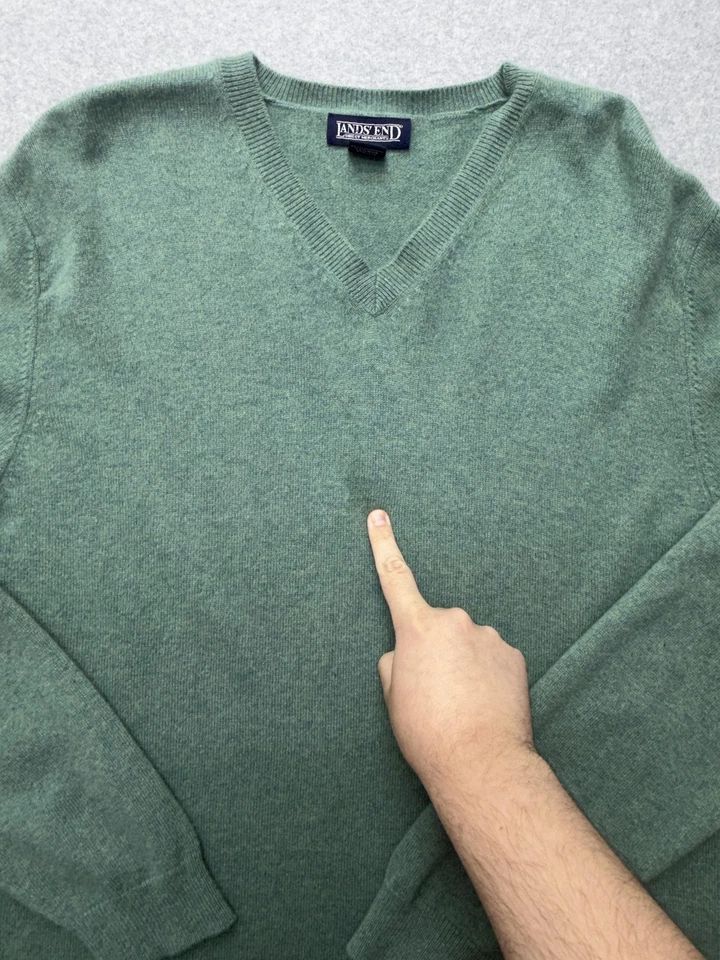 Lands' End Sweater Mens Large Green Heather 100% Cashmere V Neck Pullover Soft - Image 2 of 4