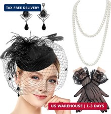 Black Fascinator Hat Set for Women, Pillbox Hat, Feather Headband, Lace Gloves