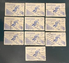 CANADA postage stamps lot of 10 old 5 cents 1957 skiing