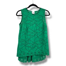 CAbi Women's Gemma Eyelet High Low Ruffle Tank Top Blouse Green Size XS