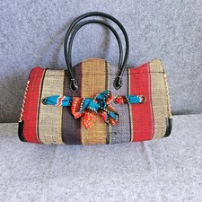 Boho Striped Woven Straw Tote Bag Multi Color Scarf Accent Zipper Satchel Large