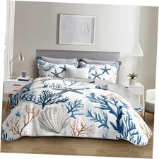 Starfish Coastal Bedding Quilt Sets Size,Summer Shell Blue Queen Vintage Blue