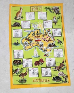 Australia 1987 Map Calendar Tea Towel 100% Cotton Green/Yellow Vintage Retro