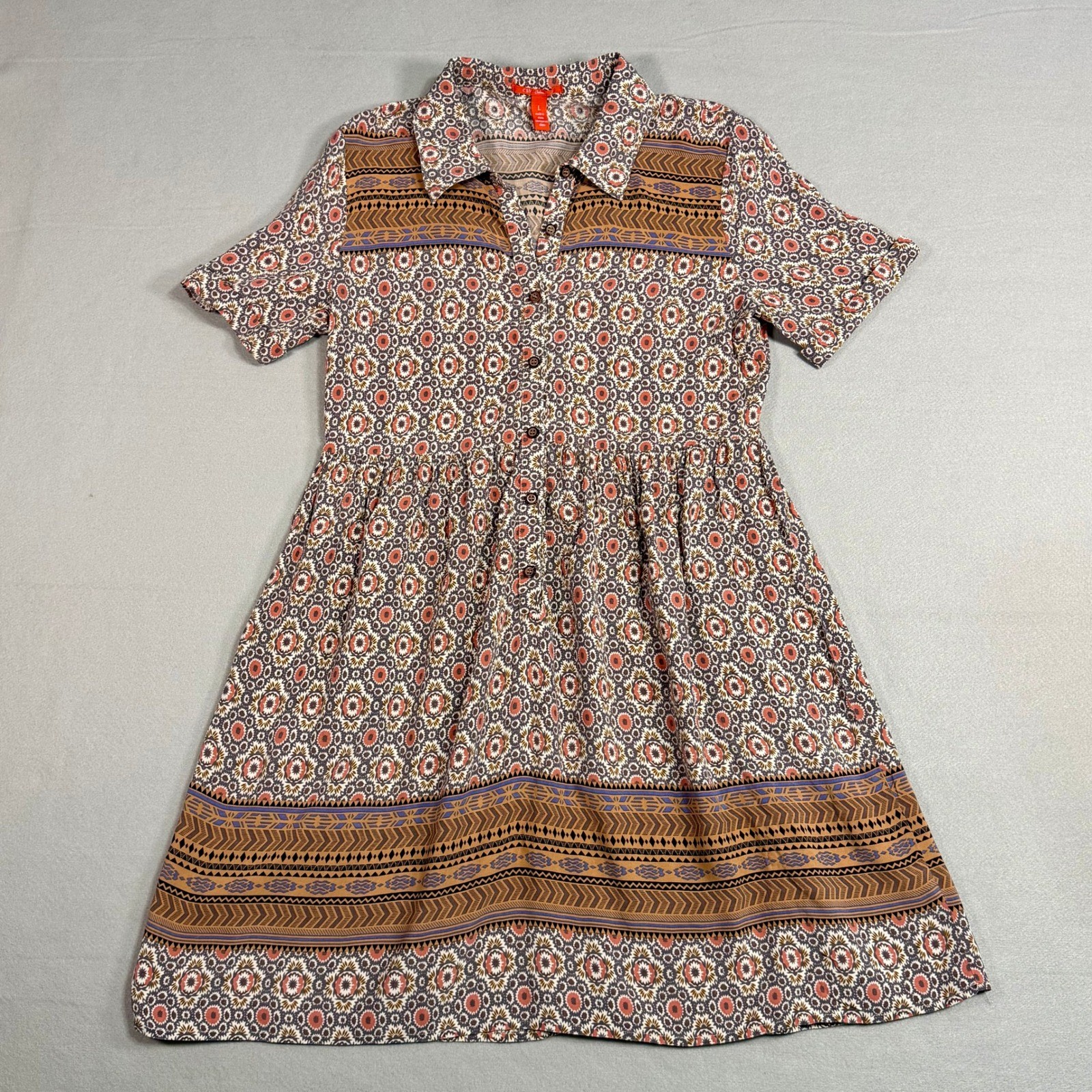 Chelsea & Violet Shirt Dress L Geometric Boho Cowgirl Rayon Short Sleeve Mini