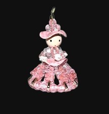 Vtg Beaded Safety Pin Ornament Pink Fancy Lady Doll Wooden Painted Face Bead Hat