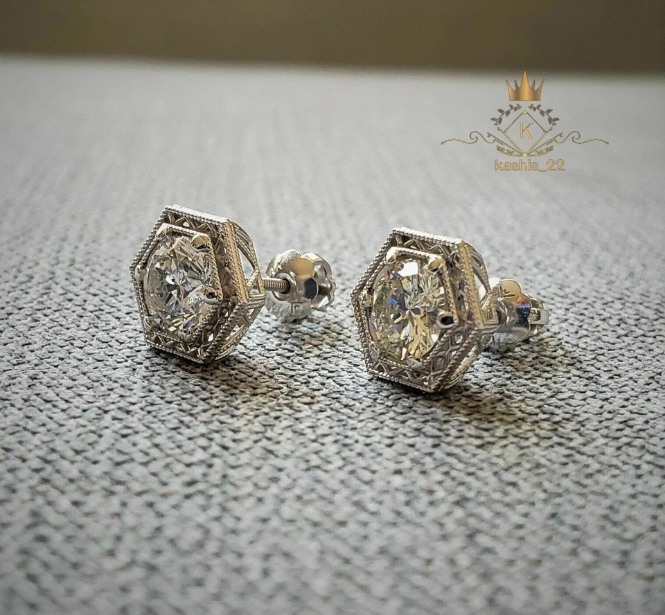 Moissanite Stud Earrings 2 CT Brilliant Round Cut Solid 14K White Gold For Her - Image 4 of 4