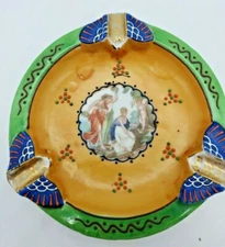 Vintage Japanese Porcelain Ashtray Ladies Decorate Polychrome Painted Pottery 