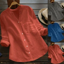 Women Cotton Linen Casual Solid Long Sleeve Shirt Blouse Button Down Tops V Neck