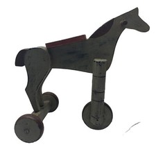 Child  s Antique Wood Horse Tricycle Wheels Vintage Primitive Toy