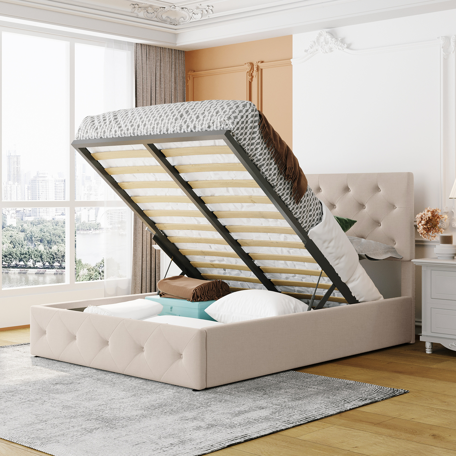 Full Upholstered Platform Bed with Button Tuffed Headboard - Beige