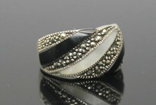 VINTAGE BLACK ONYX MOTHER OF PEARL INLAY MARCASITES STERLING SILVER RING SZ 5.75