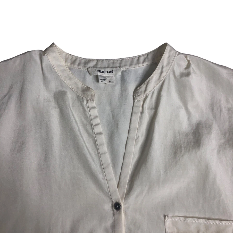 Helmut Lang Top Womens S Cream Sheer Cap Sleeve Button Pocket Split Neck Pocket - Image 4 of 4
