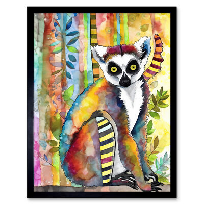 Lemur lebendiges Portrait moderne Volkskunst Aquarell gerahmter Wandkunstdruck 12 x 16