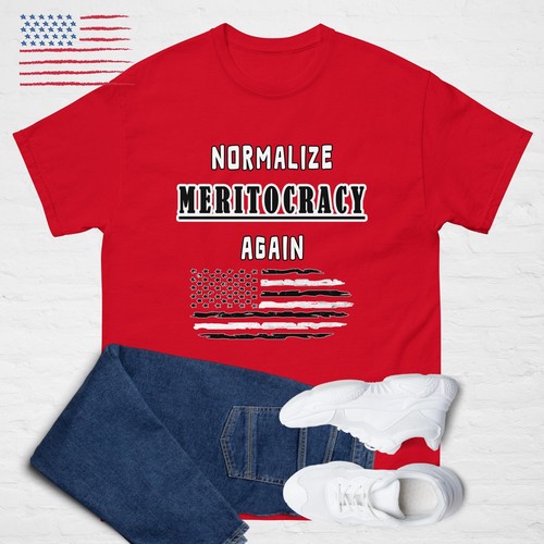 Normalize MERITOCRACY Again! Anti DEI Pro Merit, Anti Woke MAGA Golden Age Shirt - Picture 4 of 11