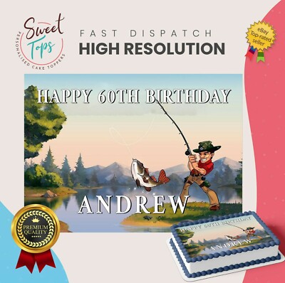 FISHING / FISHERMAN RECTANGLE EDIBLE CAKE TOPPER DECORATION PERSONALISED