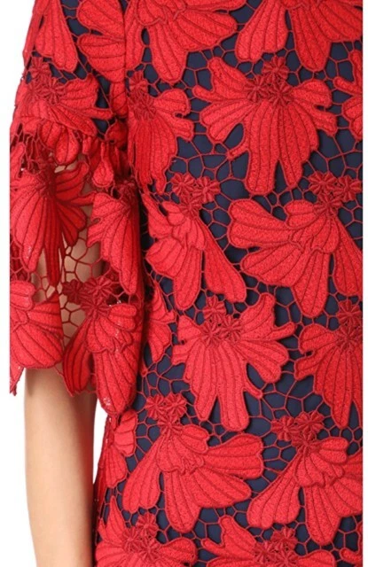 (Nuovo con etichette) Abito a tubino Tory Burch rosso pizzo sopra blu navy Nicola seta guipure $498 taglia 2