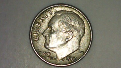 1962-D- Silver dime/ traces of ''UNUM'' on obverse above date
