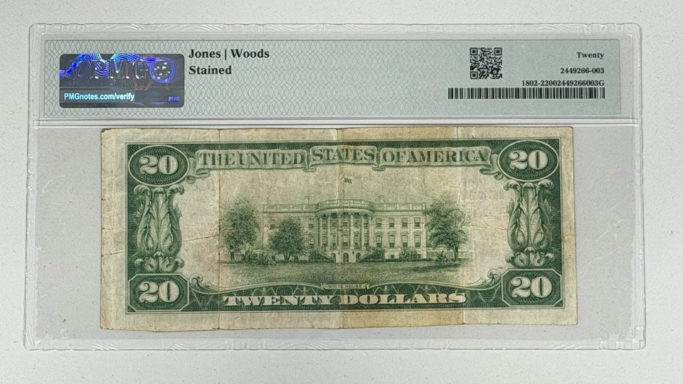 1929 $20 Ponca City Oklahoma US First National Bank Note PMG 20 Ty 2 Fr. 1802-2 - Image 2 of 2