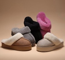 Women's Slip-On Platform Slippers Faux Fur Lined Black Faux Suede Comfort