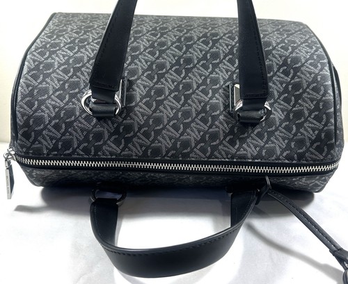 MICHAEL KORS Grayson Medium Metallic Empire Black Silver Signature Logo Satchel - Picture 9 of 14