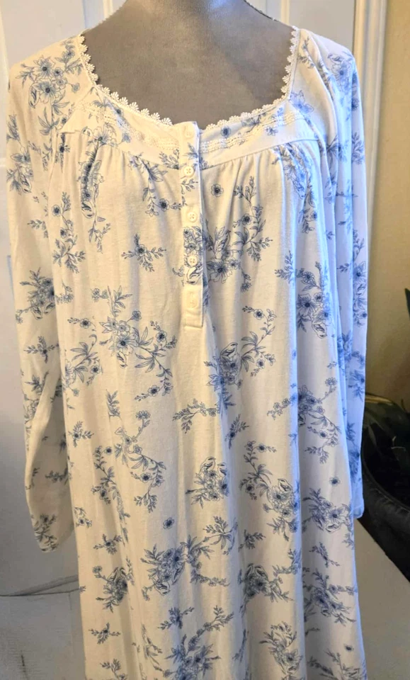 Croft & Barrow Blue Chinoiserie Long Sleeve Knit Nightgown Bird Floral 1X B200 - Image 3 of 4