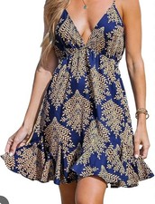 NWT CUPSHE Women's Mini Dress Blue Beige Leaves Size Small
