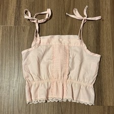Vintage Pink Crop Top Cami Lace Trim Tie Strap Shirred Waist Babydoll M 5/6