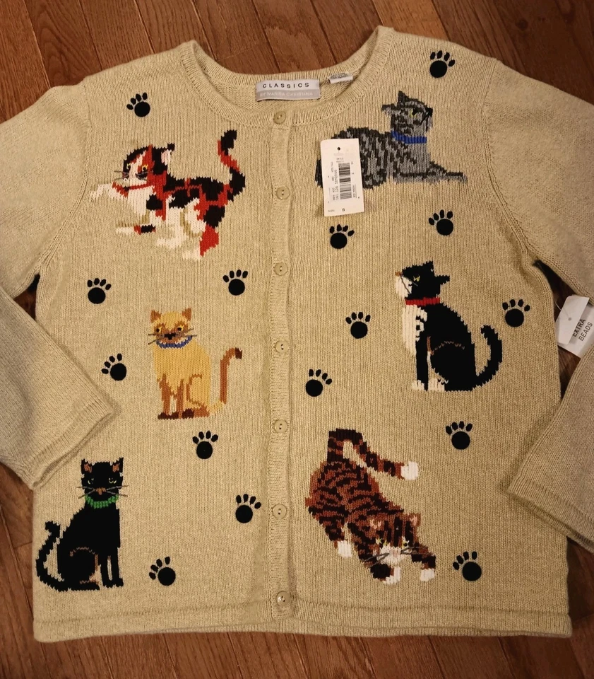 RARO DE COLECCIÓN Marisa Christina Cat Cárdigan Suéter Nuevo con Etiquetas Talla Pequeña Bordado Beige  Foto 2 de 4